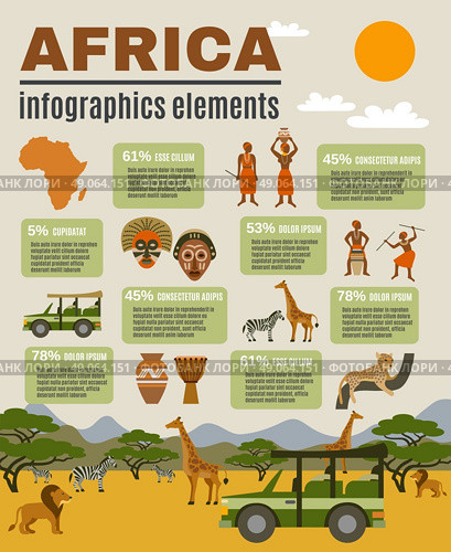  Africa Infographic Set. Africa infographic set with animals people and tourism flat vector illustration . Стоковая иллюстрация, агентство Ingram Publishing / Фотобанк Лори