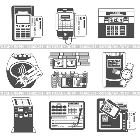  Payment methods black icons set . Payments methods black icons collection with bank transaction deposit machine and  credit card reader abstract vector illustration. Стоковая иллюстрация, агентство Ingram Publishing / Фотобанк Лори