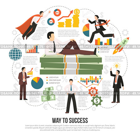  Way To Success Flat Infographic Poster . Profitable business success key factors flat infographic composition poster with text diagrams businessman and money symbols vector illustration . Стоковая иллюстрация, агентство Ingram Publishing / Фотобанк Лори