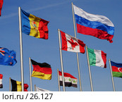 Флаг Российской Федерации и флаги других государств развеваются на ветру. Стоковое фото, фотограф Сайганов Александр / Фотобанк Лори
