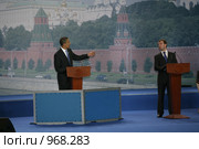 Президенты России и США Дмитрий Медведев и Барак Обама (2009 год). Редакционное фото, фотограф Михаил Ворожцов / Фотобанк Лори