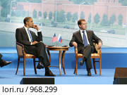 Президенты России и США Дмитрий Медведев и Барак Обама (2009 год). Редакционное фото, фотограф Михаил Ворожцов / Фотобанк Лори