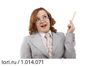 Идея! Мысль! Девушка из технической поддержки. Деловая женщина держит ручку. Стоковое фото, фотограф Ирина Карлова / Фотобанк Лори