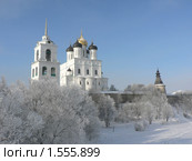 Псков. Троицкий собор и колокольня в зимний день на фоне синего неба. Вид с Троицкого моста (2010 год). Редакционное фото, фотограф Наталия Журавлёва / Фотобанк Лори