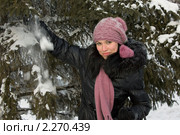 Девушка стряхивает снег с ветки ели. Стоковое фото, фотограф Игнатьев Михаил / Фотобанк Лори