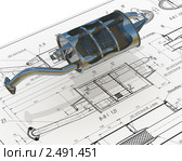 Глушитель выхлопа автомобиля на фоне фрагмента сборочного чертежа. Стоковая иллюстрация, иллюстратор WalDeMarus / Фотобанк Лори