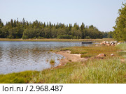 Пейзаж с лодкой. Залив Белого моря на Большом Соловецком острове. Стоковое фото, фотограф Ольга Липунова / Фотобанк Лори