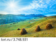 Утро в горах с копнами сена. Стоковое фото, фотограф Юрий Брыкайло / Фотобанк Лори