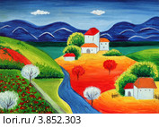 Загородный пейзаж, детский рисунок, гуашь. Стоковая иллюстрация, иллюстратор Ирина Иванова / Фотобанк Лори