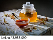 Чайник с липовым отваром и каштановый мед на темном фоне. Стоковое фото, фотограф Ольга Денисова / Фотобанк Лори