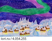 Северное сияние, рождественская открытка, акварель, гуашь. Стоковая иллюстрация, иллюстратор ИВА Афонская / Фотобанк Лори
