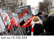 Оппозиционный волонтер держит портрет депутата от партии Единая россия Госдумы Бурматова Владимира на "Марше против подлецов" в городе Москве (2013 год). Редакционное фото, фотограф Николай Винокуров / Фотобанк Лори