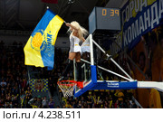 Представительница группы поддержки Khimki Dancers баскетбольного клуба "Химки" выступает в перерыве матча, Московская область (2012 год). Редакционное фото, фотограф Николай Винокуров / Фотобанк Лори