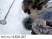 Мужчины принимают участие в зимней рыбалке сетями на озере. Стоковое фото, фотограф Николай Винокуров / Фотобанк Лори