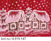 Рождественская - новогодняя открытка, Зимний пейзаж на малиновом фоне, гуашь. Стоковая иллюстрация, иллюстратор ИВА Афонская / Фотобанк Лори