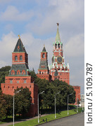 Спасская, Царская, Набатная и Константино-Еленинская башни Московского Кремля (2013 год). Стоковое фото, фотограф Алексей Гусев / Фотобанк Лори