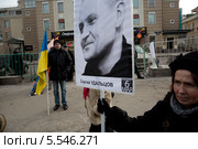 Женщина держит портрет Сергея Удальцова, задержанного по "Болотному делу", на шествии "В поддержку политзаключенных" на Страстном бульваре города Москвы (2014 год). Редакционное фото, фотограф Николай Винокуров / Фотобанк Лори