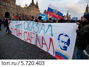 Люди держа плаката "Путин сказал, Путин сделал!" на митинге-концерте "Мы вместе" в поддержку присоединения Крыма и Севастополя к России на Красной площади города Москвы 18 марта 2014. Редакционное фото, фотограф Николай Винокуров / Фотобанк Лори