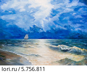 Бурное море и одинокий парусник. Стоковая иллюстрация, иллюстратор Олег Хархан / Фотобанк Лори