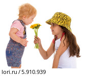 Темноволосая девочка дает понюхать цветы своей младшей сестре, изолированно на белом фоне. Стоковое фото, фотограф Сергей Колесников / Фотобанк Лори