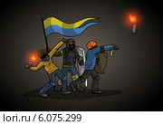 Группа украинских революционеров бросают коктейли "Молотова". Украинская революция 2013-2014 гг. Стоковая иллюстрация, иллюстратор Константин Костенко / Фотобанк Лори