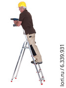 Tradesman standing on a stepladder and using a power tool. Стоковое фото, фотограф Phovoir Images / Фотобанк Лори