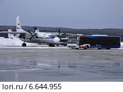 Самолет авиакомпании Катэкавиа Ан-24РВ и автобус Cobus 3000 в аэропорту "Емельяново", Красноярск (2013 год). Редакционное фото, фотограф Алексей Гусев / Фотобанк Лори