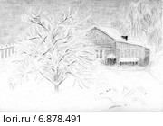 Зимой на даче. Рисунок графитовым карандашом. Стоковая иллюстрация, иллюстратор Olga Nikolaeva / Фотобанк Лори