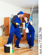 Smiling cleaning premises team at work. Стоковое фото, фотограф Яков Филимонов / Фотобанк Лори