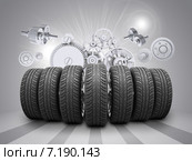 Автомобильные колеса на абстрактном фоне с различными деталями автомобиля. Стоковая иллюстрация, иллюстратор Кирилл Черезов / Фотобанк Лори