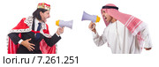 Arab man and king are shouting through loudspeaker isolated. Стоковое фото, фотограф Elnur / Фотобанк Лори