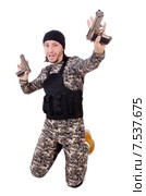 Surrendering man in military uniform holding gun isolated on white. Стоковое фото, фотограф Elnur / Фотобанк Лори