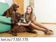 Girl with two Irish setters at home. Стоковое фото, фотограф Яков Филимонов / Фотобанк Лори