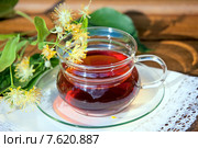 Чашка с липовым чаем, веточкой цветущей липы на белой салфетке. Стоковое фото, фотограф Татьяна Белова / Фотобанк Лори