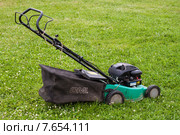 Бензиновая самоходная газонокосилка Briggs&Stratton стоит на зелёной траве (2015 год). Редакционное фото, фотограф Lora / Фотобанк Лори