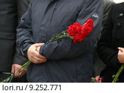 Красные гвоздики в мужских руках. Стоковое фото, фотограф Елена Боброва / Фотобанк Лори