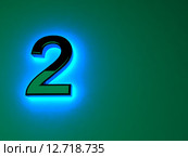 Светящаяся голубым светом глянцевая черная цифра 2 на зеленом фоне. Голубое неоновое свечение. Стоковая иллюстрация, иллюстратор Владимир Хапаев / Фотобанк Лори