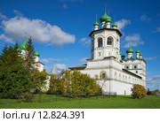 Колокольня и церковь Иоанна Богослова в Николо-Вяжищском монастыре в начале октября. Новгородская область (2015 год). Стоковое фото, фотограф Виктор Карасев / Фотобанк Лори