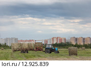 Тракторист убирает сено на фоне города Шатуры (2015 год). Редакционное фото, фотограф Дмитрий Неумоин / Фотобанк Лори