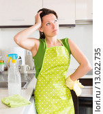 Unhappy woman cleaning furniture. Стоковое фото, фотограф Яков Филимонов / Фотобанк Лори