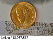 Золотая монета с профилем императора Николая Второго на фоне паспарту "Cabinet Portrait" Стоковое фото, фотограф Александр Алексеев / Фотобанк Лори