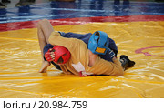 Соревноания по борьбе (самбо, дзюдо) Wrestling competitions. Two athletes on the wrestling mat. (2016 год). Редакционное фото, фотограф Олег Безруков / Фотобанк Лори