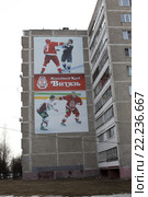 Подмосковный город Чехов, рекламные баннеры с драчунами-хоккеистами на жилых домах у ледовой хоккейной арены "Витязь" (2016 год). Редакционное фото, фотограф Дмитрий Неумоин / Фотобанк Лори