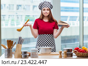 Young housewife referring to recipe book. Стоковое фото, фотограф Elnur / Фотобанк Лори