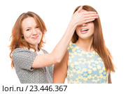 Угадай, кто. Две подружки дурачатся на белом фоне. Стоковое фото, фотограф Константин Лабунский / Фотобанк Лори
