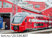 Электропоезд ЭШ2-002 Stadler KISS RUS (АЭРО) «Евразия» в депо имени Ильича (2015 год). Редакционное фото, фотограф Алёшина Оксана / Фотобанк Лори