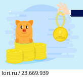 Свинью копилку награждают медалью как лучшую инвестицию. Подведение итогов, получение прибыли. Плоский стиль. Стоковая иллюстрация, иллюстратор Dmitry Domashenko / Фотобанк Лори