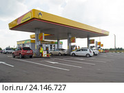 Заправочная станция "Роснефть" и кафе-магазин "Подсолнух" на трассе М-4 "Дон" летом (2016 год). Редакционное фото, фотограф Светлана Шимкович / Фотобанк Лори