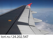 Крыло самолёта Airbus A319 в небе (2016 год). Редакционное фото, фотограф A Челмодеев / Фотобанк Лори