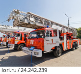 Автолестница пожарная АЛ-50 (КАМАЗ- 65115). Выставка спецтехники МЧС у здания администрации Владимирской областной. Город Владимир (2016 год). Редакционное фото, фотограф Макаров Алексей / Фотобанк Лори